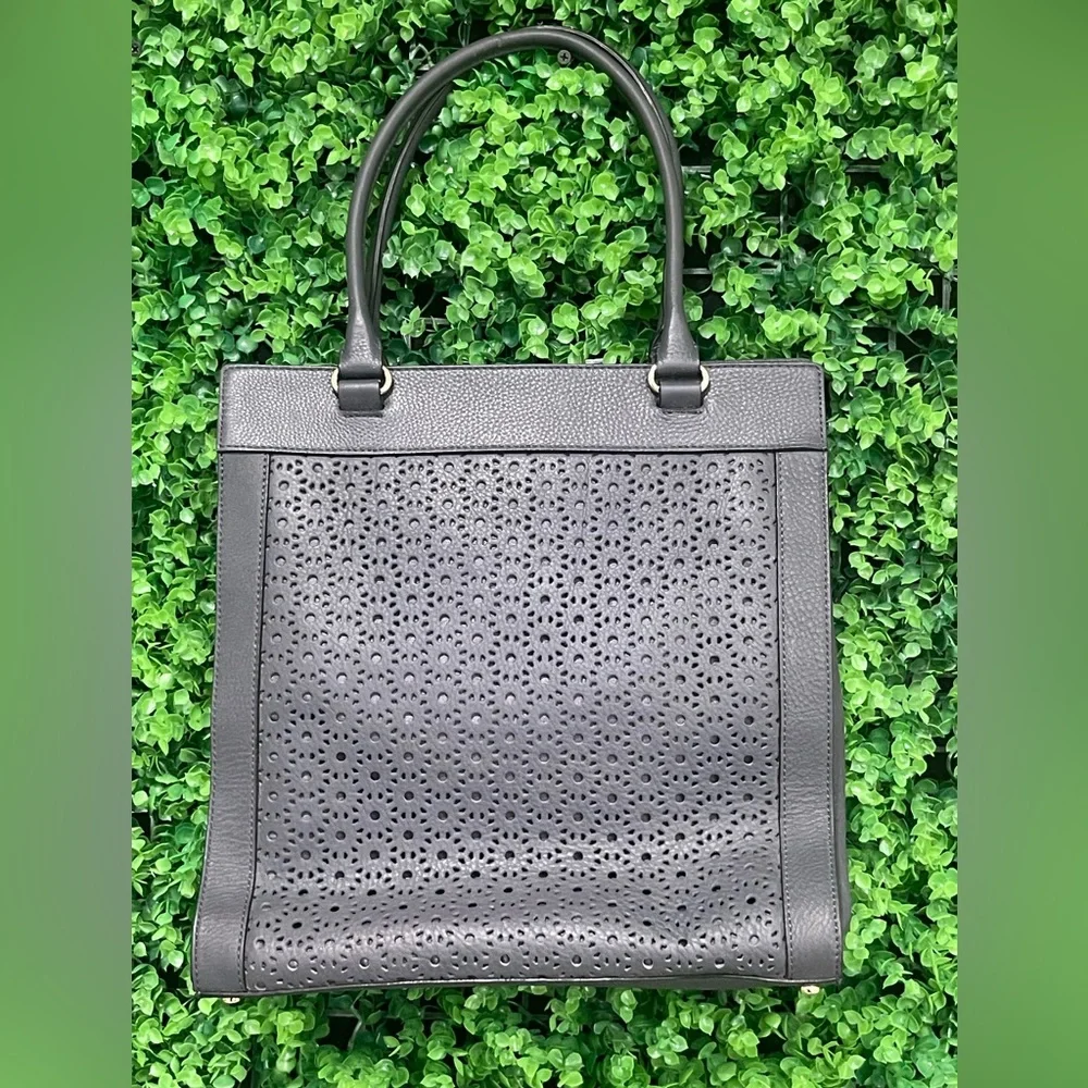 KATE SPADE Lynne Perri Lane Shoulder Bag Floral Perforated Leather Asphalt Blue